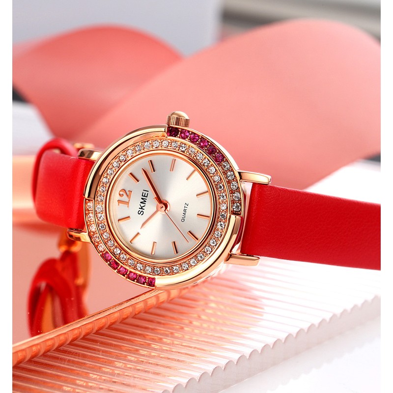 Жіночий класичний годинник Skmei 1855RGRD Rose Gold-Red з червоним шкіряним ремінцем