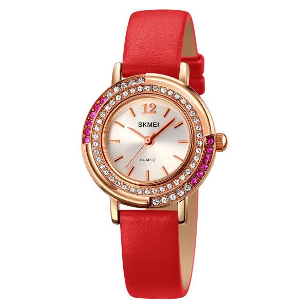 Жіночий класичний годинник Skmei 1855RGRD Rose Gold-Red з червоним шкіряним ремінцем