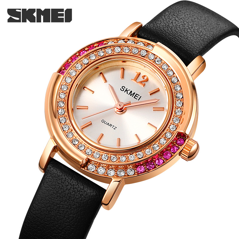 Женские классические часы Skmei 1855RGBK Rose Gold-Black с минеральным стеклом и кожаным ремешком