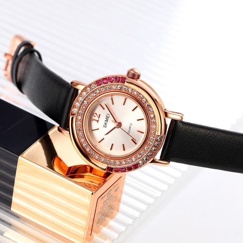 Женские классические часы Skmei 1855RGBK Rose Gold-Black с минеральным стеклом и кожаным ремешком