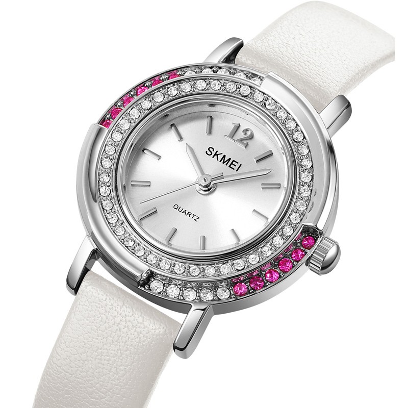 Женские классические часы Skmei 1855SIWT Silver-White с кожаным ремешком и минеральным стеклом