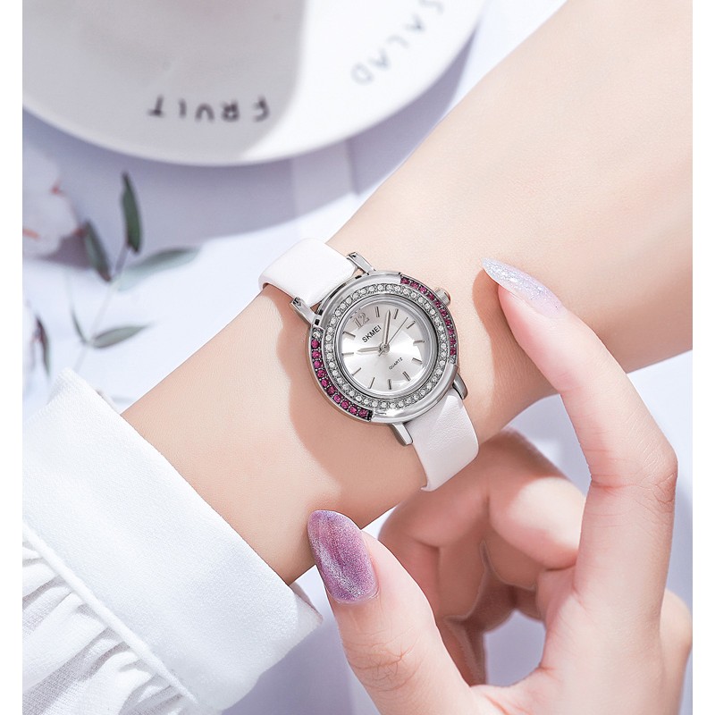 Женские классические часы Skmei 1855SIWT Silver-White с кожаным ремешком и минеральным стеклом