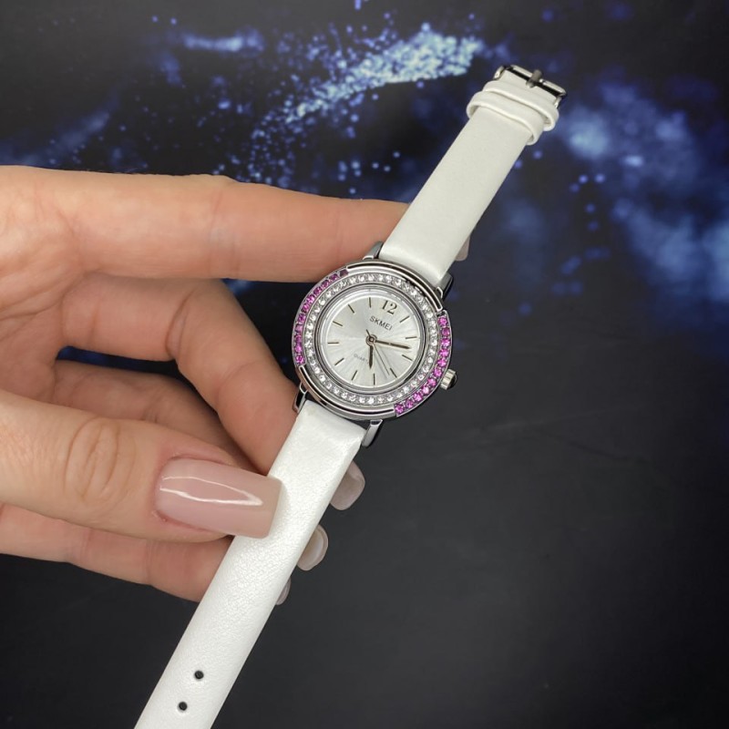 Женские классические часы Skmei 1855SIWT Silver-White с кожаным ремешком и минеральным стеклом