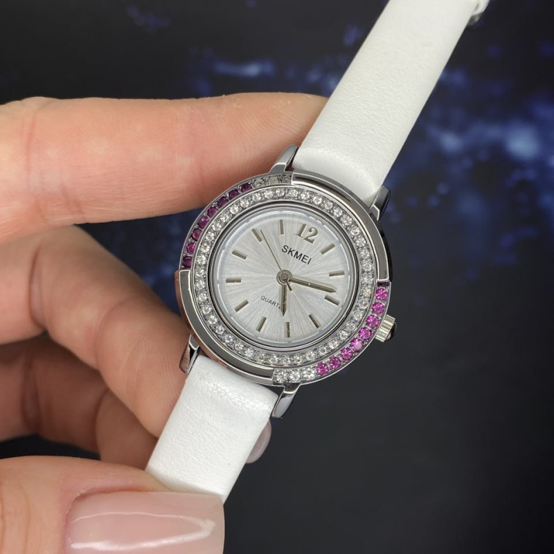 Женские классические часы Skmei 1855SIWT Silver-White с кожаным ремешком и минеральным стеклом