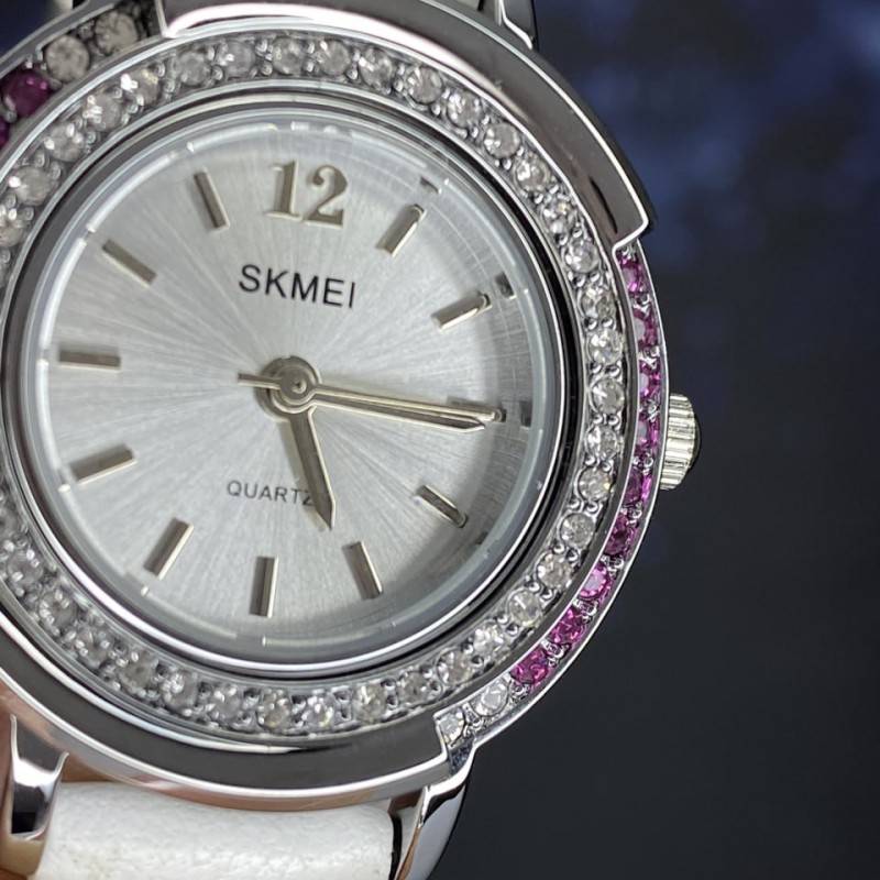 Женские классические часы Skmei 1855SIWT Silver-White с кожаным ремешком и минеральным стеклом