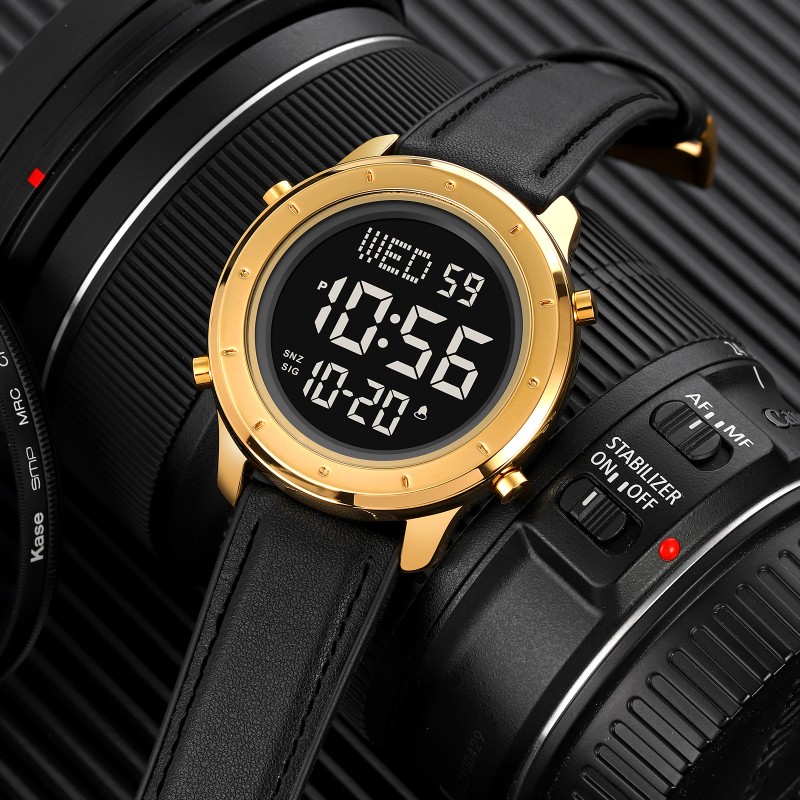 Чоловічий годинник Skmei 1864LGDBK Gold-Black Leather з електронним циферблатом та підсвічуванням