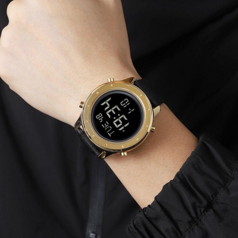 Чоловічий годинник Skmei 1864LGDBK Gold-Black Leather з електронним циферблатом та підсвічуванням