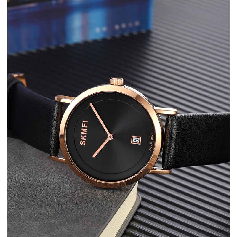 Женские классические часы Skmei 1907RG Rose Gold с минеральным стеклом и кожаным ремешком