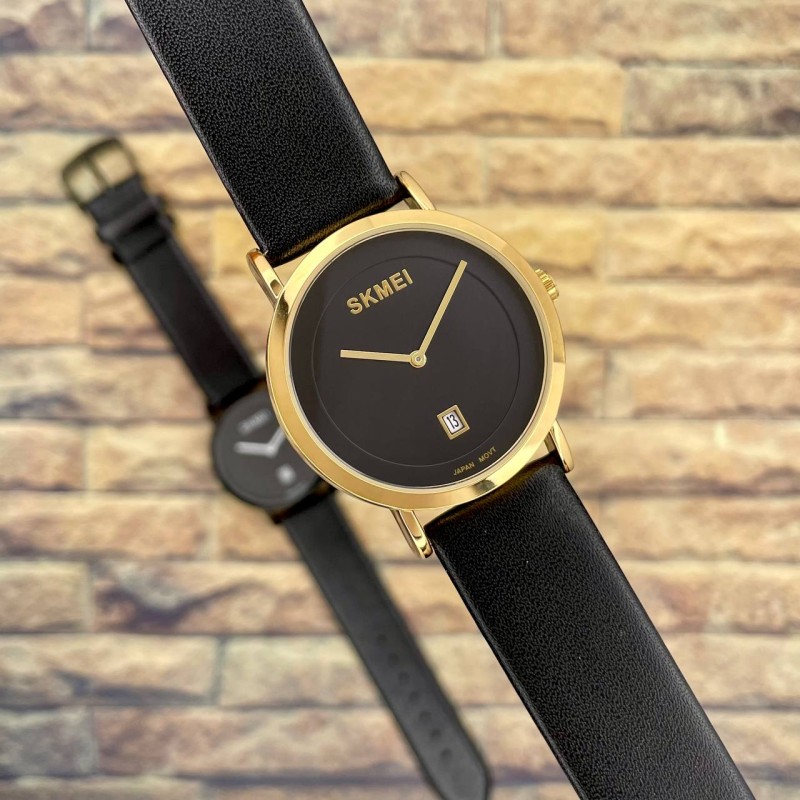 Жіночий класичний годинник Skmei 1907GD Gold з шкіряним ремінцем та мінеральним склом