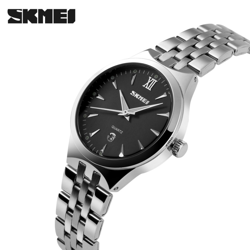 Жіночий класичний годинник Skmei 9071BK-S Black Lady зі сріблястим браслетом та чорним циферблатом