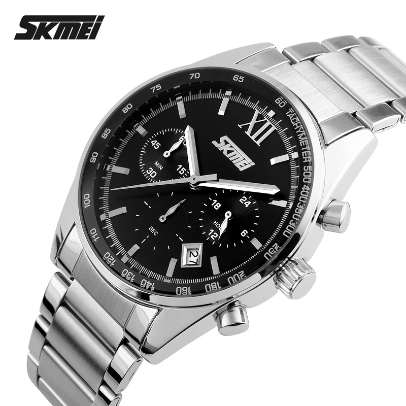 Мужские часы Skmei 9096BK Black с серебристым браслетом, хронографом и минеральным стеклом