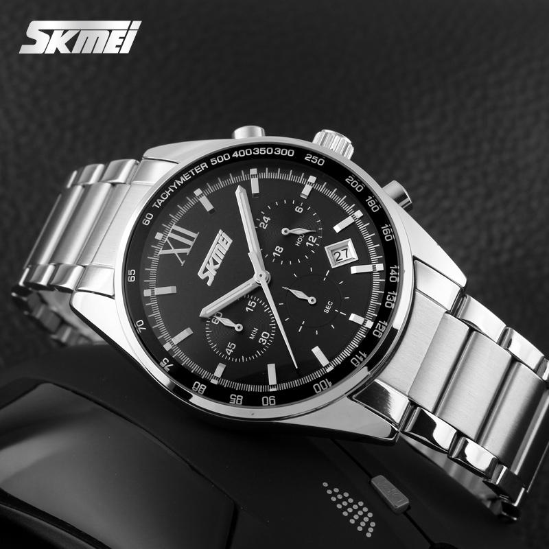 Мужские часы Skmei 9096BK Black с серебристым браслетом, хронографом и минеральным стеклом