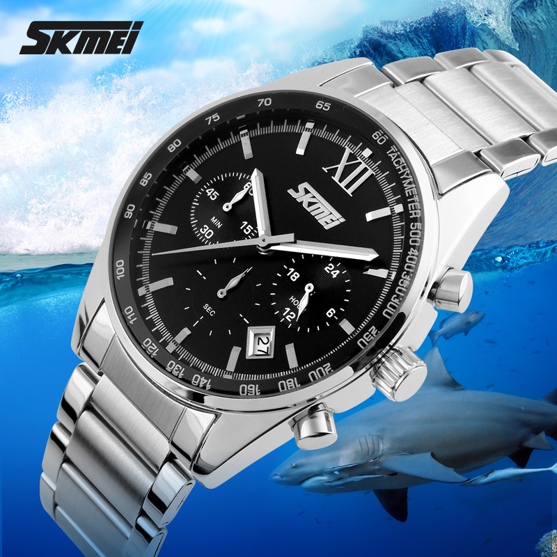 Мужские часы Skmei 9096BK Black с серебристым браслетом, хронографом и минеральным стеклом