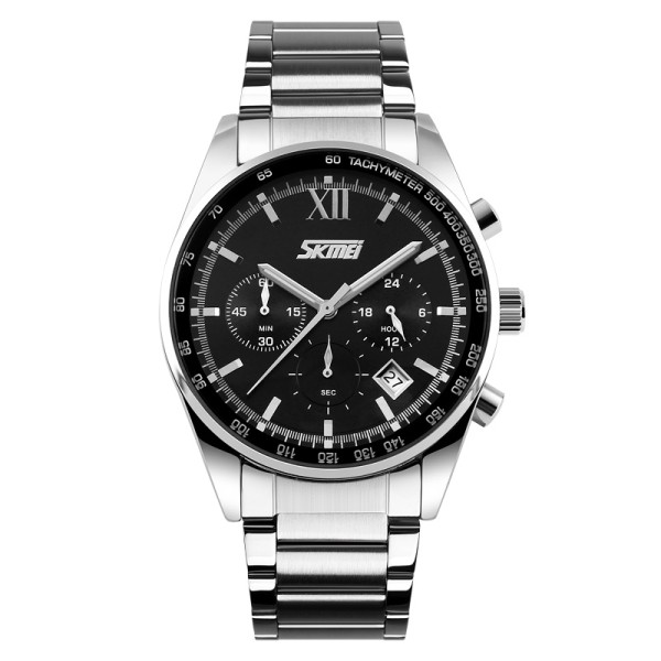 Мужские часы Skmei 9096BK Black с серебристым браслетом, хронографом и минеральным стеклом