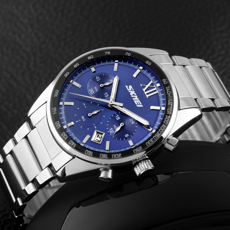 Чоловічий годинник Skmei 9096BU Blue з хронографом та металевим браслетом