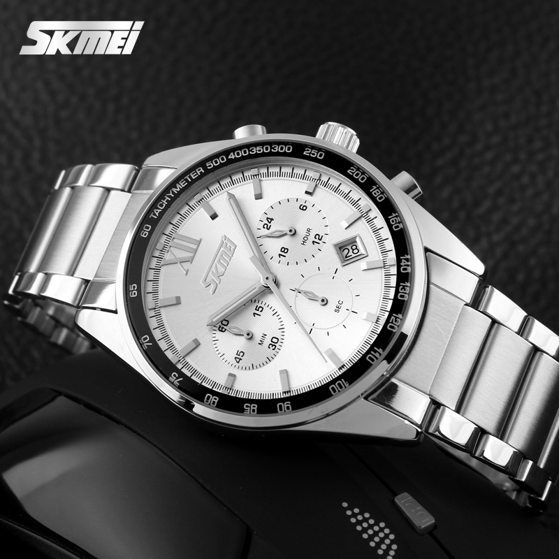 Чоловічий класичний годинник Skmei 9096SI Silver з хронографом та металевим браслетом