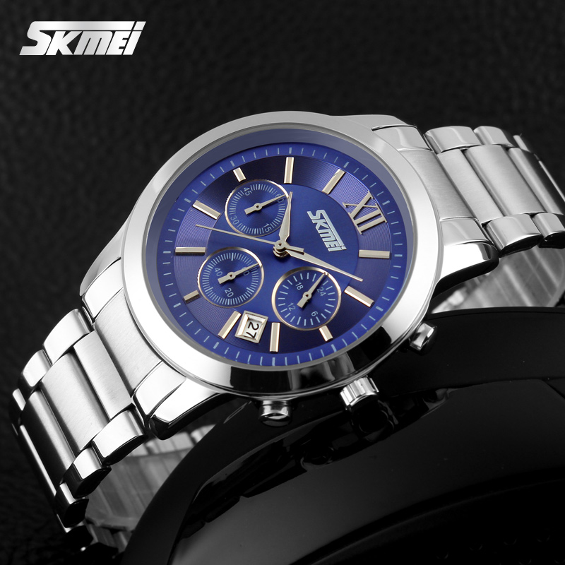 Чоловічий наручний годинник Skmei 9097BU Blue з хронографом та металевим браслетом