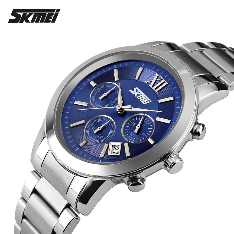 Чоловічий наручний годинник Skmei 9097BU Blue з хронографом та металевим браслетом