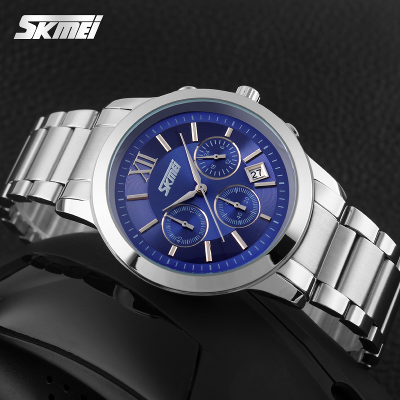 Чоловічий наручний годинник Skmei 9097BU Blue з хронографом та металевим браслетом