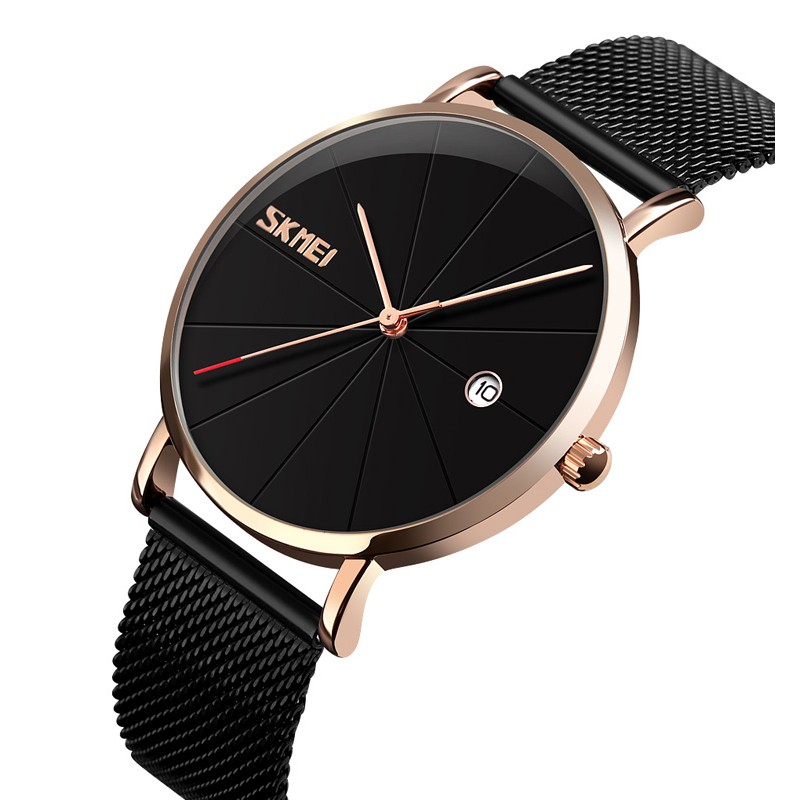 Мужские классические часы Skmei 9183RGBK Black-Rose Gold с металлическим браслетом и календарем