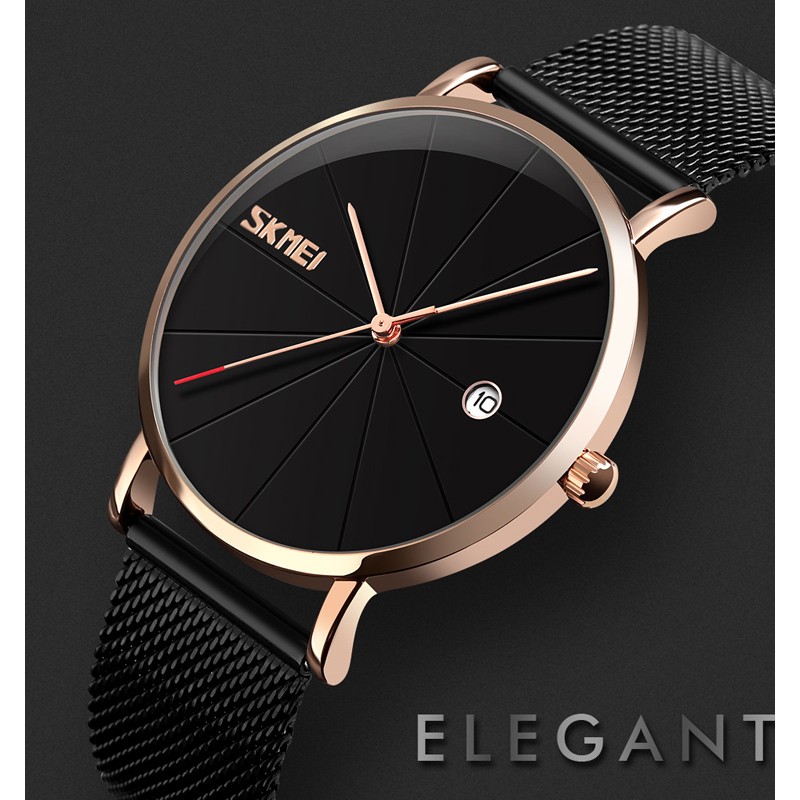 Мужские классические часы Skmei 9183RGBK Black-Rose Gold с металлическим браслетом и календарем