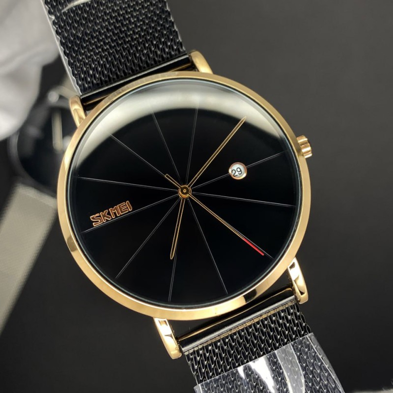 Мужские классические часы Skmei 9183RGBK Black-Rose Gold с металлическим браслетом и календарем