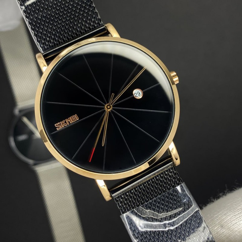 Мужские классические часы Skmei 9183RGBK Black-Rose Gold с металлическим браслетом и календарем