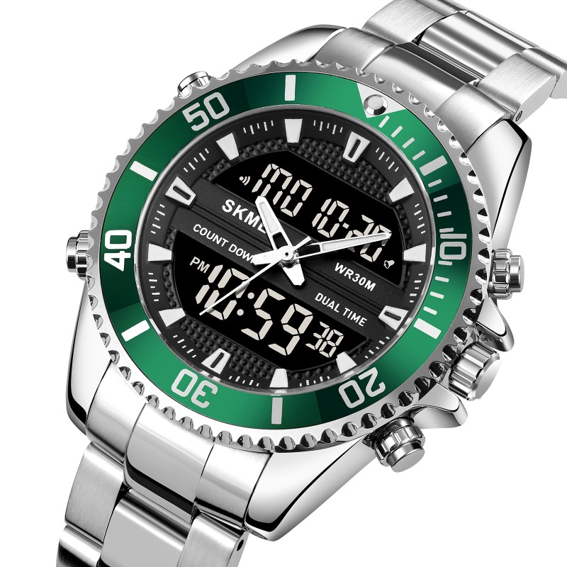 Чоловічий годинник Skmei 1850SIGN Silver-Green зі стрілково-електронним циферблатом та металевим браслетом