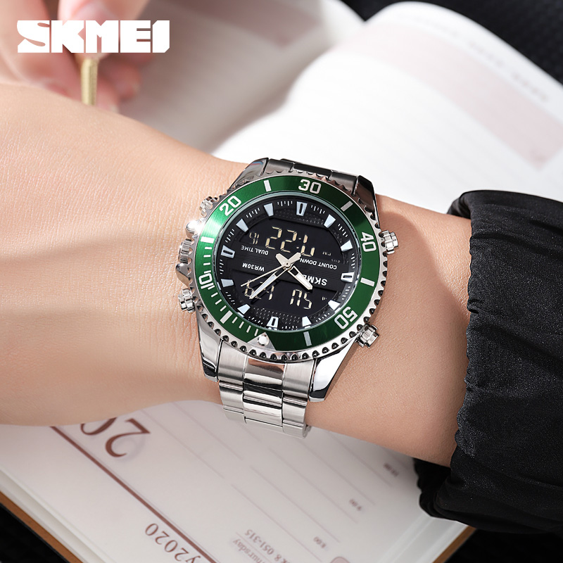 Чоловічий годинник Skmei 1850SIGN Silver-Green зі стрілково-електронним циферблатом та металевим браслетом