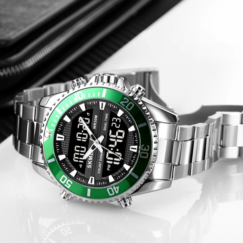 Чоловічий годинник Skmei 1850SIGN Silver-Green зі стрілково-електронним циферблатом та металевим браслетом