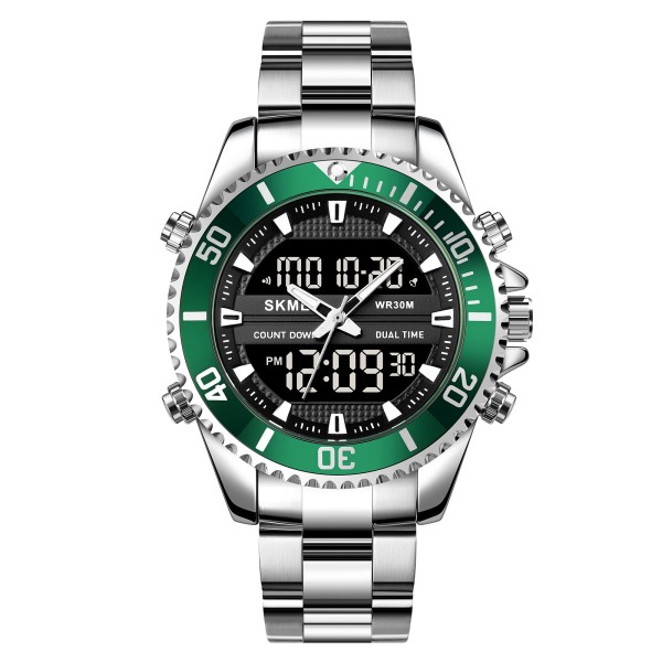 Чоловічий годинник Skmei 1850SIGN Silver-Green зі стрілково-електронним циферблатом та металевим браслетом
