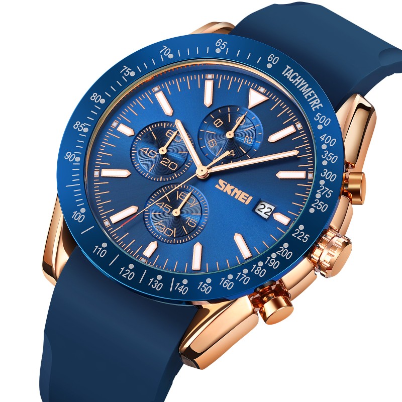 Чоловічий наручний годинник Skmei 9253PRGBU Rose Gold-Blue з хронографом та синім силіконовим ремінцем