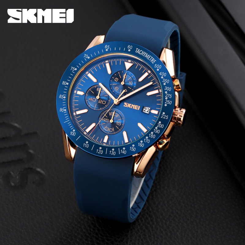 Чоловічий наручний годинник Skmei 9253PRGBU Rose Gold-Blue з хронографом та синім силіконовим ремінцем