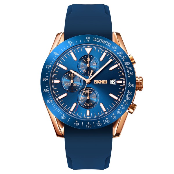 Чоловічий наручний годинник Skmei 9253PRGBU Rose Gold-Blue з хронографом та синім силіконовим ремінцем
