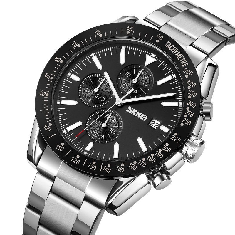Чоловічий годинник Skmei 9253SIBK Silver-Black з хронографом та металевим браслетом