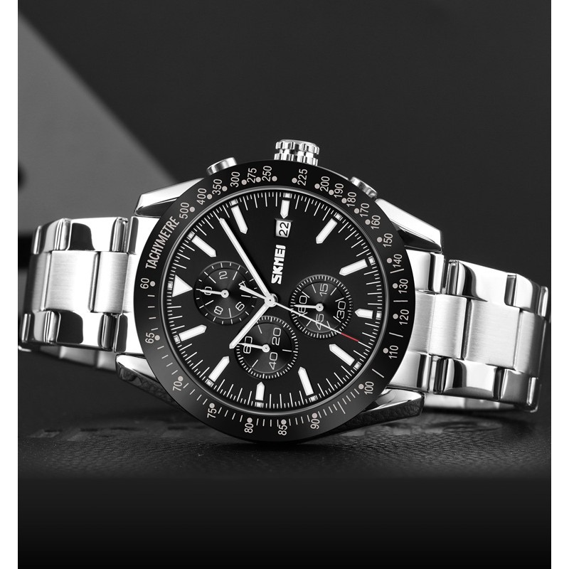 Чоловічий годинник Skmei 9253SIBK Silver-Black з хронографом та металевим браслетом