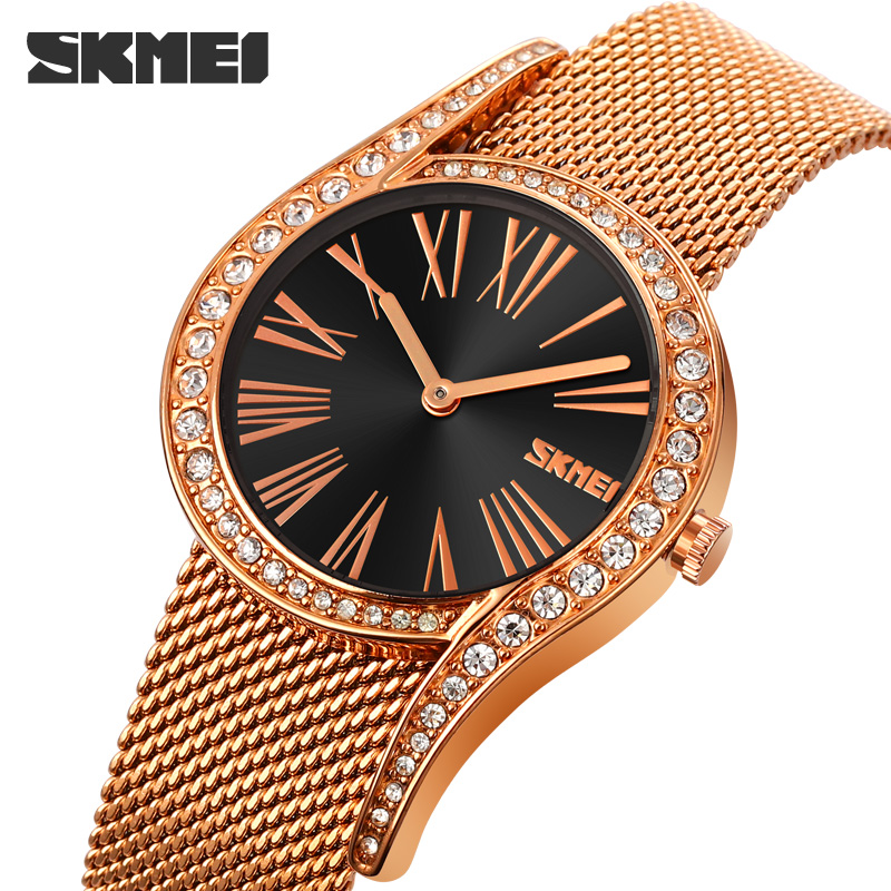 Жіночий годинник Skmei 9252BK Black з металевим браслетом кольору рожеве золото