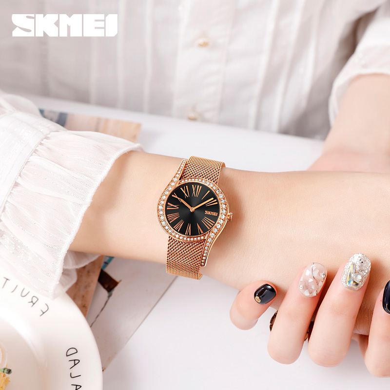 Жіночий годинник Skmei 9252BK Black з металевим браслетом кольору рожеве золото