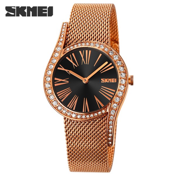 Жіночий годинник Skmei 9252BK Black з металевим браслетом кольору рожеве золото