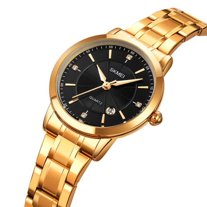Жіночий класичний годинник Skmei 1819GDBK Gold-Black із золотистим браслетом та чорним циферблатом