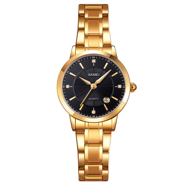 Жіночий класичний годинник Skmei 1819GDBK Gold-Black із золотистим браслетом та чорним циферблатом