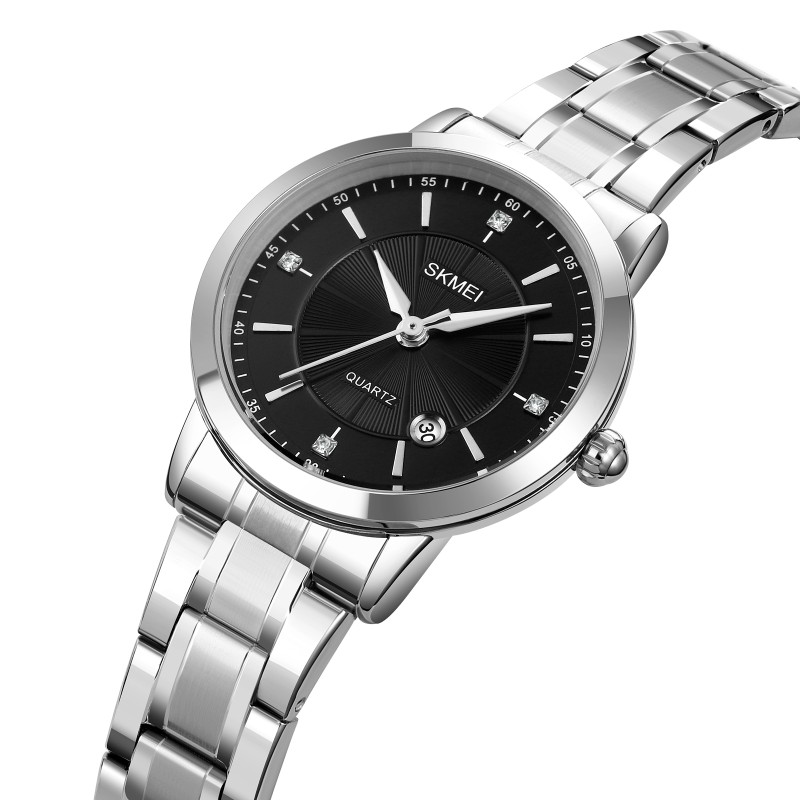 Жіночий годинник Skmei 1819SIBK Silver-Black у класичному стилі зі сріблястим браслетом та чорним циферблатом
