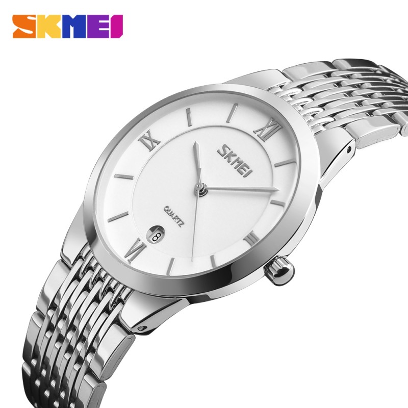Женские классические часы Skmei 9139WTSI-B White-Silver B с серебристым браслетом и датой