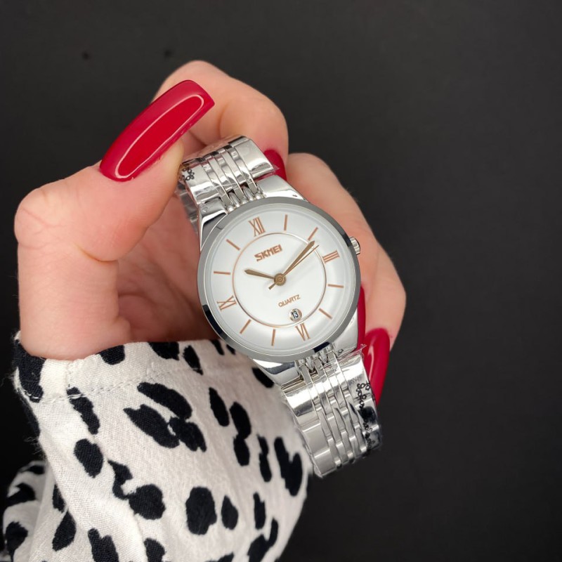 Жіночий годинник Skmei 9139WTGD-S White-Gold S з білим циферблатом та металевим браслетом