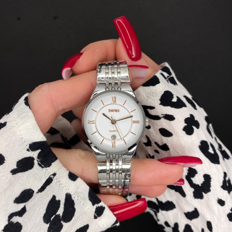 Жіночий годинник Skmei 9139WTGD-S White-Gold S з білим циферблатом та металевим браслетом