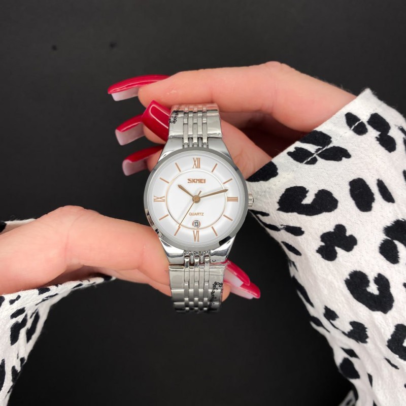Жіночий годинник Skmei 9139WTGD-S White-Gold S з білим циферблатом та металевим браслетом
