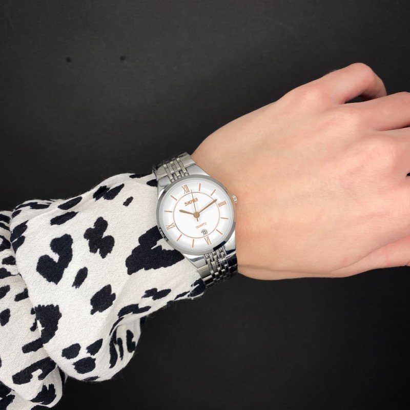Жіночий годинник Skmei 9139WTGD-S White-Gold S з білим циферблатом та металевим браслетом