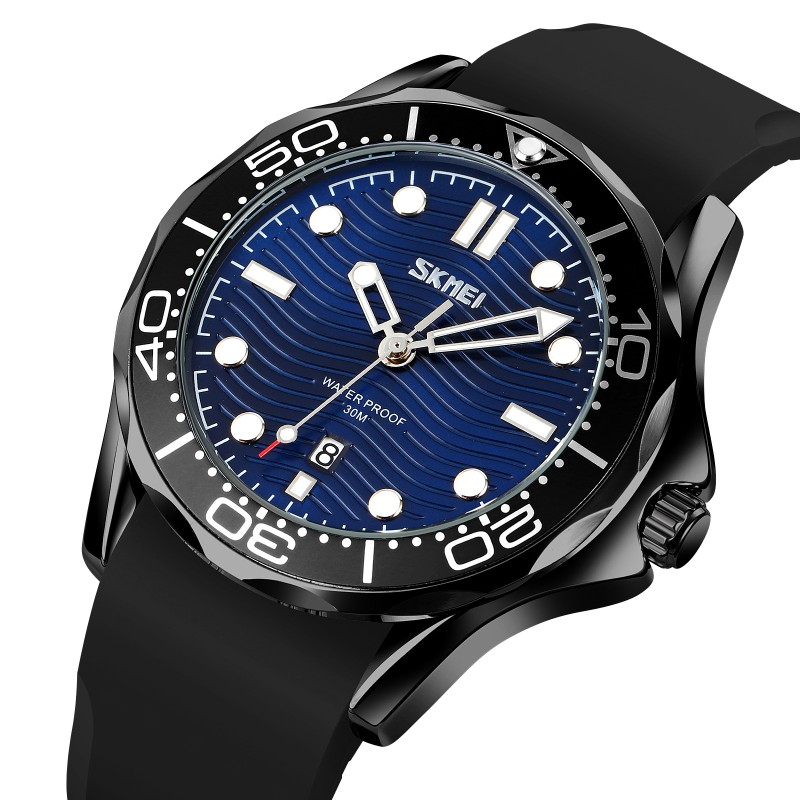 Чоловічий наручний годинник Skmei 9276PBKBU Black-Blue з синім циферблатом та каучуковим ремінцем