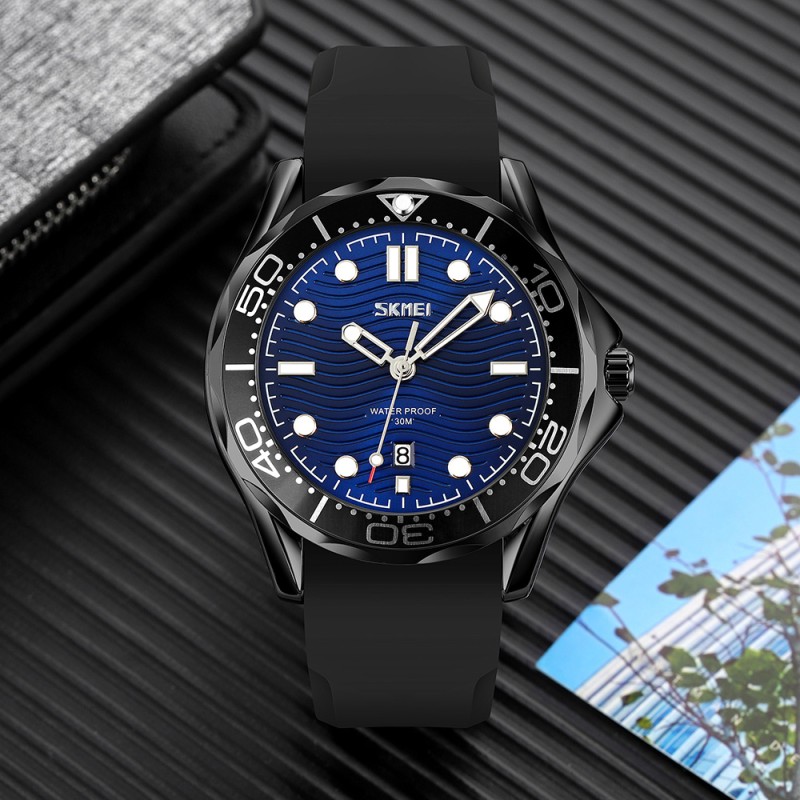 Чоловічий наручний годинник Skmei 9276PBKBU Black-Blue з синім циферблатом та каучуковим ремінцем