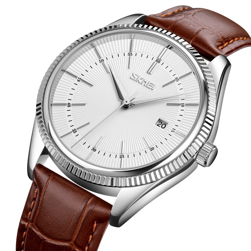 Чоловічий класичний годинник Skmei 9298SISIBN Silver Silver-Brown зі шкіряним ремінцем та мінеральним склом